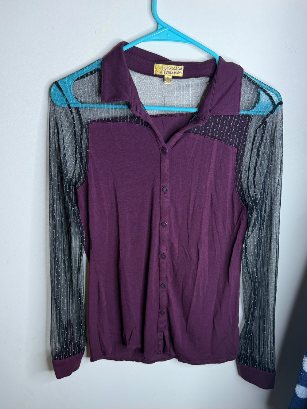 princess vera wang Plum Button-Front Top with Sheer Black Pinstripe Sleeves